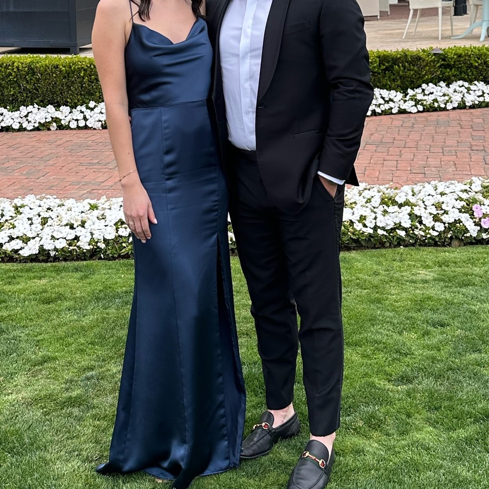 AMSALE Chloe dress navy blue silk cowl neck dress worn once